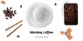 White cup, coffee beans and sweets on a white background. Long header banner format. Panorama website header banner. Royalty Free Stock Photo