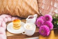 White Cup of Coffee Cappuccino Cottage Cheese Pancakes Royalty Free Stock Photo