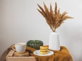 White Cup of Coffee Cappuccino Cottage Cheese Pancakes, Yellow Mustard Color Plaid, Bedroom Royalty Free Stock Photo