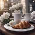 White cup of coffee with croissant, white roses. Morning coffee, breakfast Royalty Free Stock Photo