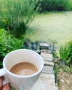 White cup with coffee, drinking coffee by the edge of the pond, concrete steps leading to the pond, relax by the water, blurred ba