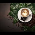 White Cup of Coffee with Fresh Green Leaves and Beans on a Dark Wooden Background Royalty Free Stock Photo