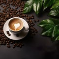 White Cup of Coffee with Fresh Green Leaves and Beans on a Dark Wooden Background Royalty Free Stock Photo