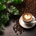 White Cup of Coffee with Fresh Green Leaves and Beans on a Dark Wooden Background Royalty Free Stock Photo