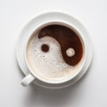 White cup of coffee with froth top view. Ying-yang symbol Royalty Free Stock Photo