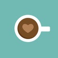 White cup of coffee with heart. top view isolated on blue. coffee break vector illustration Royalty Free Stock Photo