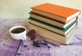 White cup of coffee next to the multi-colored books Royalty Free Stock Photo
