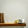 A cup of coffee and brown wooden shelf with empty copy space for your products and decoration. Light gray wall background. Royalty Free Stock Photo