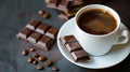 White cup of coffee and a piece of chocolate on a dark surface. Banner with copy space Royalty Free Stock Photo