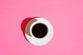 White Cup of Coffee with Saucer onNeon Fuchsia Pink Color Background. Morning Breakfast Energy Caffeine Addiction Fashion Royalty Free Stock Photo