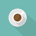 White cup of coffee with shadow. top view isolated on blue. coffee break vector illustration. study, write, teach sign. Royalty Free Stock Photo