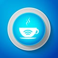 White Cup of coffee shop with free wifi zone icon isolated on blue background. Internet connection placard. Circle blue