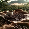 Coffee beans plantation sunrise warm drink in white cup Royalty Free Stock Photo