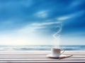 white cup of coffee and smoke on a wooden table with sky and sea background. copy space for text