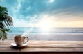 white cup of coffee and smoke on a wooden table with sky and sea background. copy space for text, Vacations, summer Royalty Free Stock Photo