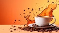 White cup of coffee with splashes, coffee beans, and copy space on beige gradient background Royalty Free Stock Photo