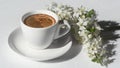 White cup of coffee and spring blooming branch with white flowers on the white background in morning sunlight. Banner Royalty Free Stock Photo