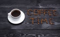 White cup of coffee and Coffee Time text Royalty Free Stock Photo