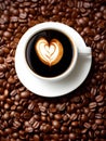 Love Latte cup of coffee with milk heart coffee bean background