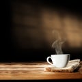 A white cup of hot coffee on wooden table with dark blurred background.