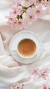 White cup with creamy espresso on a gauzy linen, surrounded by delicate pink flowers