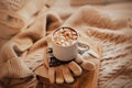 A white cup with delicious hot cocoa with marshmallow and cinnamon is on wool gloves and a stack of old books on a beige sweater. Royalty Free Stock Photo