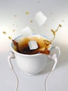 A white cup with white earphones put on it and splash of coffee with three sugar cubes Royalty Free Stock Photo