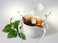 A white cup with white earphones put on it and splash of coffee with three sugar cubes Royalty Free Stock Photo