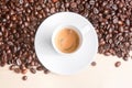 White cup with espresso coffee near coffee beans Royalty Free Stock Photo