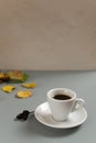 White cup with espresso on a white saucer among autumn yellow and green leaves on a gray background. Royalty Free Stock Photo