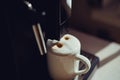White cup with fresh cappuccino in coffee machine Royalty Free Stock Photo