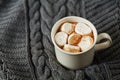 White cup of fresh hot cocoa or hot chocolate with marshmallows on grey knitted background Royalty Free Stock Photo