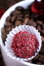 White cup full of coffee beans on a coffee beans background with red chocolate candy and red flowers. Morning espresso. Royalty Free Stock Photo