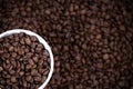 White cup full of coffee beans close up against the coffee beans background. Coffee mug. Royalty Free Stock Photo
