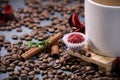 White cup full of coffee beans close up against the dark grey background. Coffee mug. Royalty Free Stock Photo