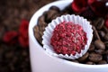 White cup full of coffee beans on a coffee beans background with red chocolate candy and red flowers. Morning espresso. Royalty Free Stock Photo