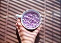 White cup full of lilac flowers in a hand over blinds shadow texture Royalty Free Stock Photo