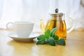 White cup and glass teapot of herbal tea with fresh mint twig on