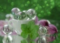 white cup green leaf glass bolls bokeh background macro