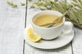 white cup of herbal sage tea with dried sage leaves and lemon on white wooden rustic background Royalty Free Stock Photo