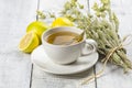 White cup of herbal sage tea with dried sage leaves and lemon on white wooden rustic background Royalty Free Stock Photo