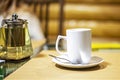 white cup with herbal tea in a cafe. healthy diet. Royalty Free Stock Photo