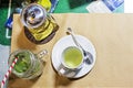 white cup with herbal tea in a cafe. healthy diet. Royalty Free Stock Photo