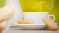 White cup of hot aromatic coffee, a jug of milk and savoiardi biscuits or ladyfingers cookies on a plate Royalty Free Stock Photo