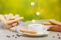 White cup of hot aromatic coffee with steam and falling sugar cubes. Traditional italian savoiardi biscuits or ladyfingers cookies Royalty Free Stock Photo