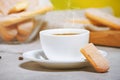 A white cup of hot aromatic coffee with steam and traditional italian savoiardi biscuits or ladyfingers cookie Royalty Free Stock Photo
