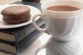 White cup of hot chocolate and chocolate cookies Royalty Free Stock Photo