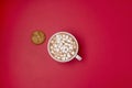 White Cup of Hot Chocolate Cocoa with Marshmallows on Red Background Tasty Cookies with Chocolate lying on Red Background Top View