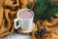 White Cup of Hot Chocolate, Yellow Plaid, Cone, Pine Branch, Fir Tree, Gray Background, Autumn Concept, Winter, Cosiness, Instagr Royalty Free Stock Photo