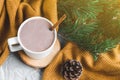 White Cup of Hot Chocolate, Yellow Plaid, Cone, Pine Branch, Fir Tree, Gray Background, Autumn Concept, Winter, Cosiness, Instagr Royalty Free Stock Photo